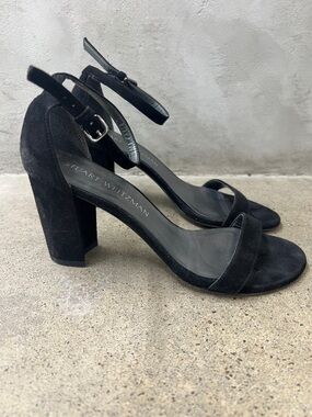 Stuart Weitzman Black Suede Block Heel Ankle-Strap Sandals